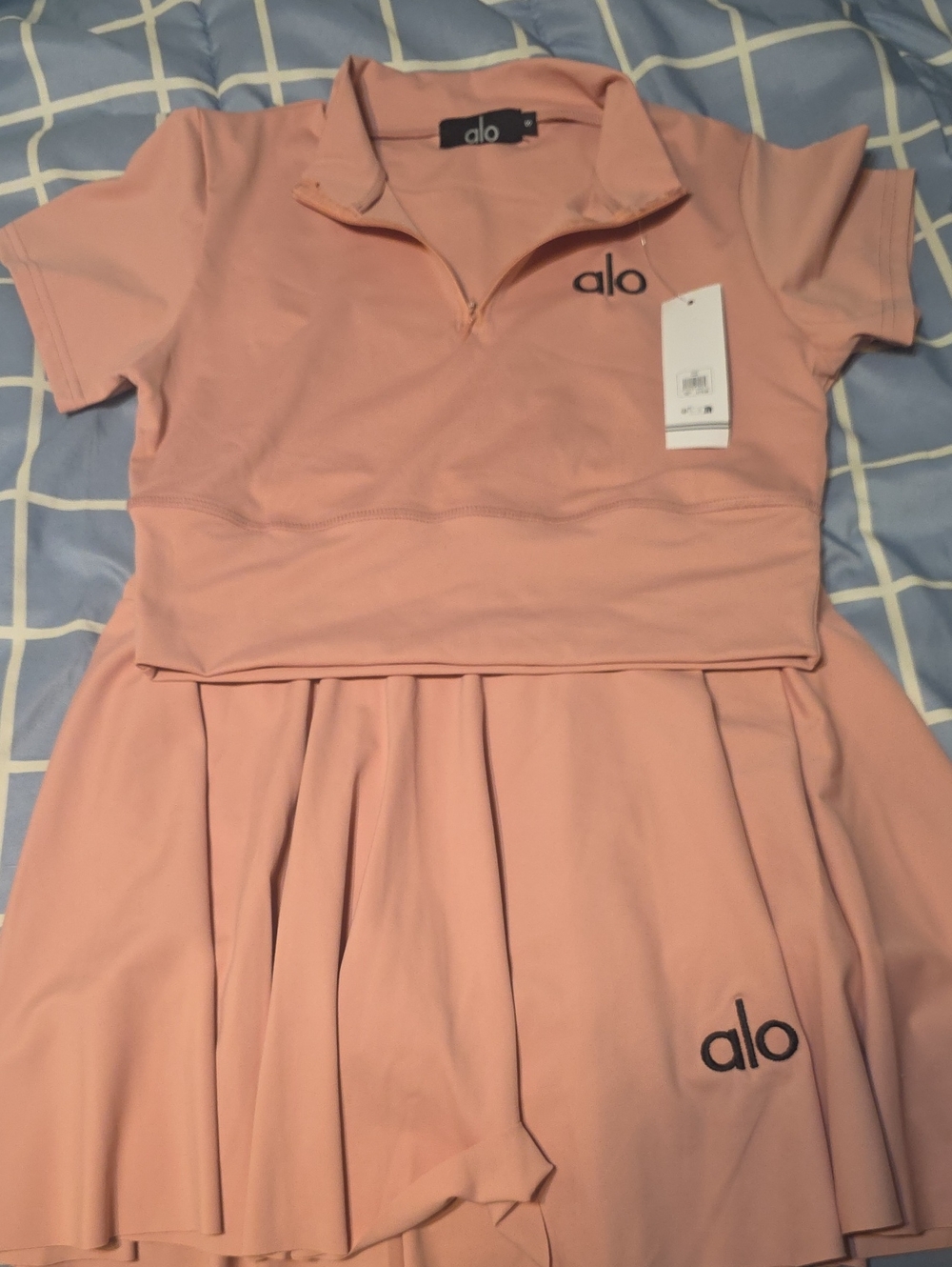 ALO Yoga Girls Short Sleeve Zip Tennis Dress in Dusty Peach